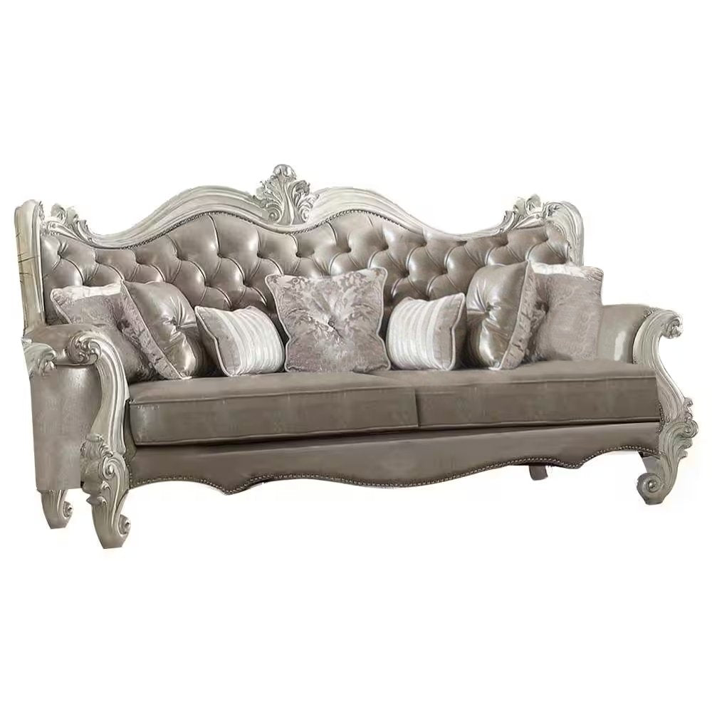 Gray Faux Leather Curved Sofa and Toss Pillows with Bone Legs - 90-inch