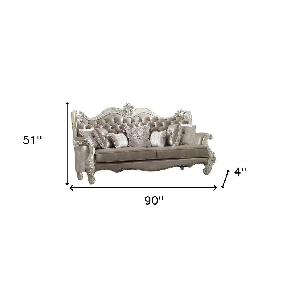 Gray Faux Leather Curved Sofa and Toss Pillows with Bone Legs - 90-inch