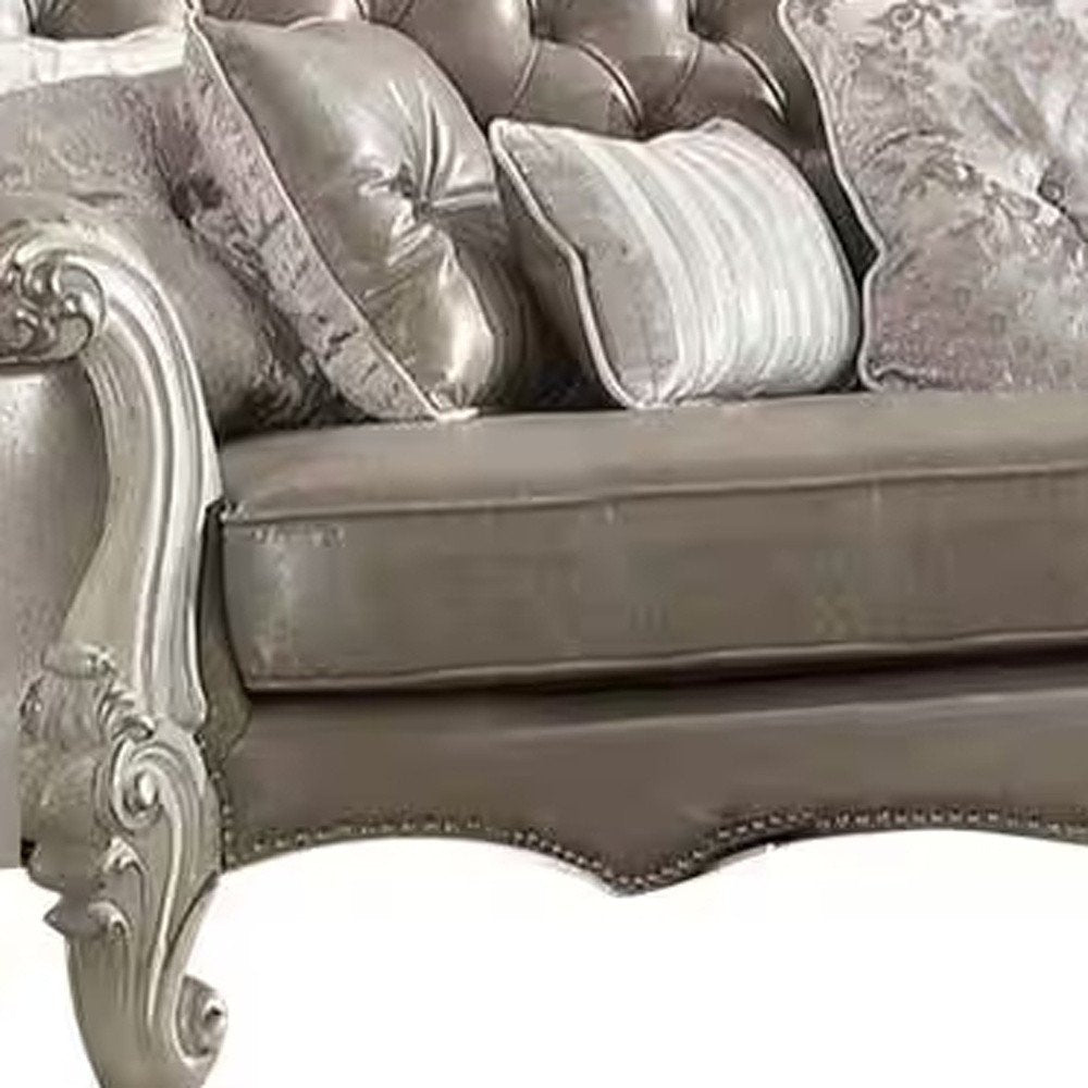 Gray Faux Leather Curved Sofa and Toss Pillows with Bone Legs - 90-inch