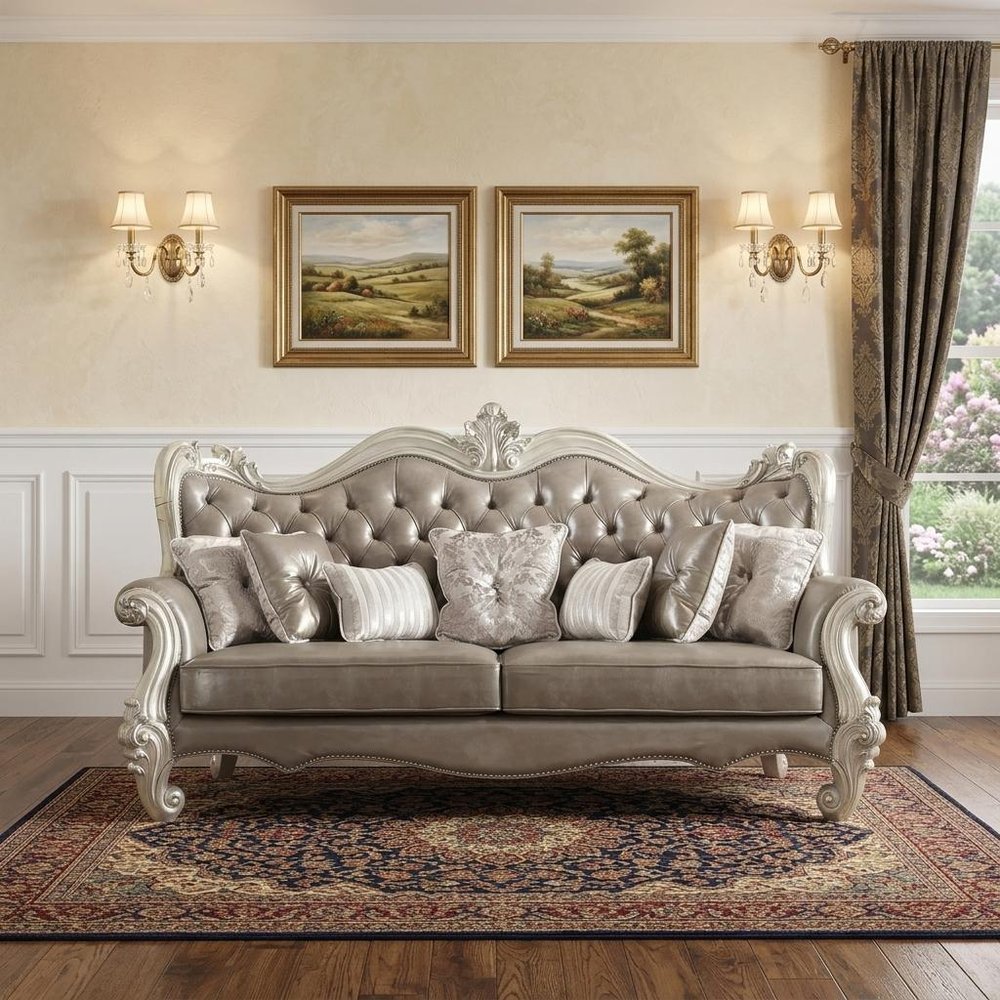 Gray Faux Leather Curved Sofa and Toss Pillows with Bone Legs - 90-inch