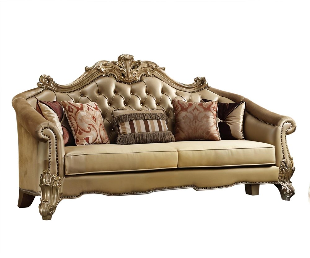 Bone Faux Leather Sofa and Toss Pillows with Gold Legs - 89-inch