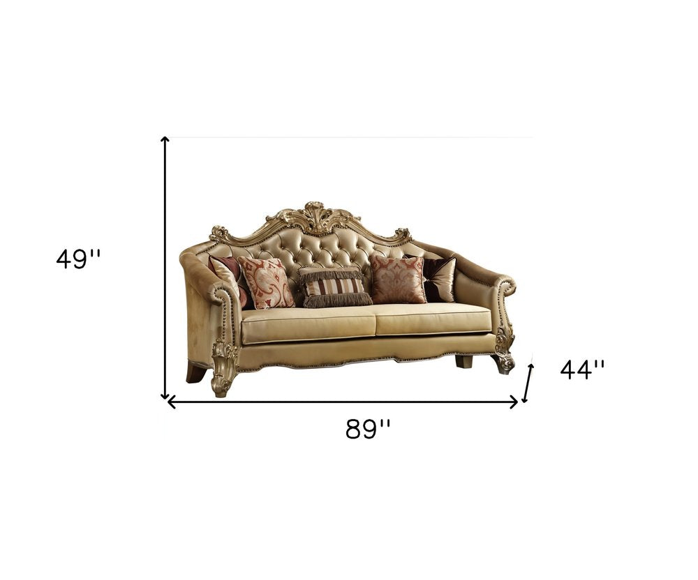 Bone Faux Leather Sofa and Toss Pillows with Gold Legs - 89-inch