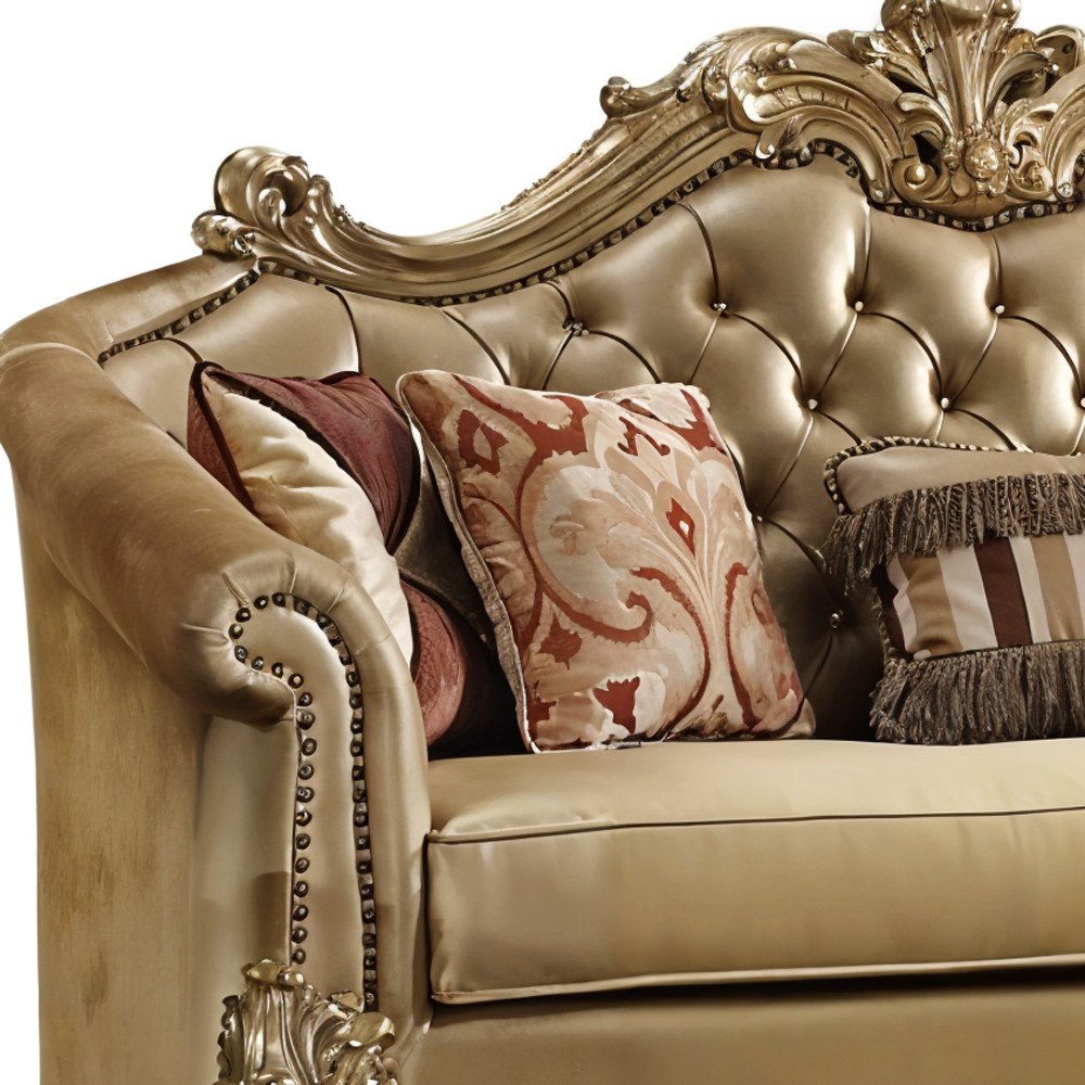 Bone Faux Leather Sofa and Toss Pillows with Gold Legs - 89-inch