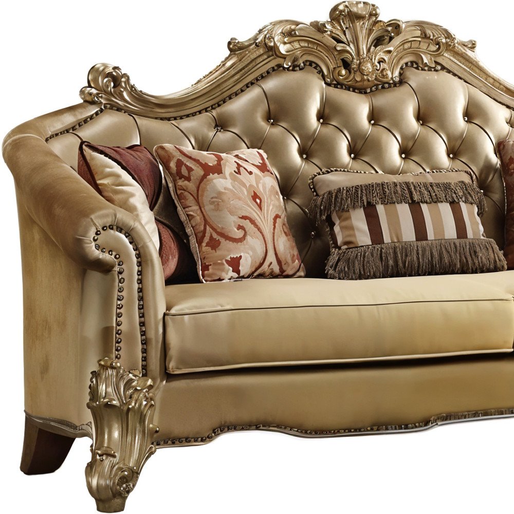 Bone Faux Leather Sofa and Toss Pillows with Gold Legs - 89-inch