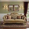 Bone Faux Leather Sofa and Toss Pillows with Gold Legs - 89-inch