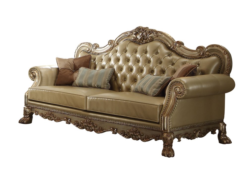 Bone Faux Leather Wood Sofa with Toss Pillows - 85-inch