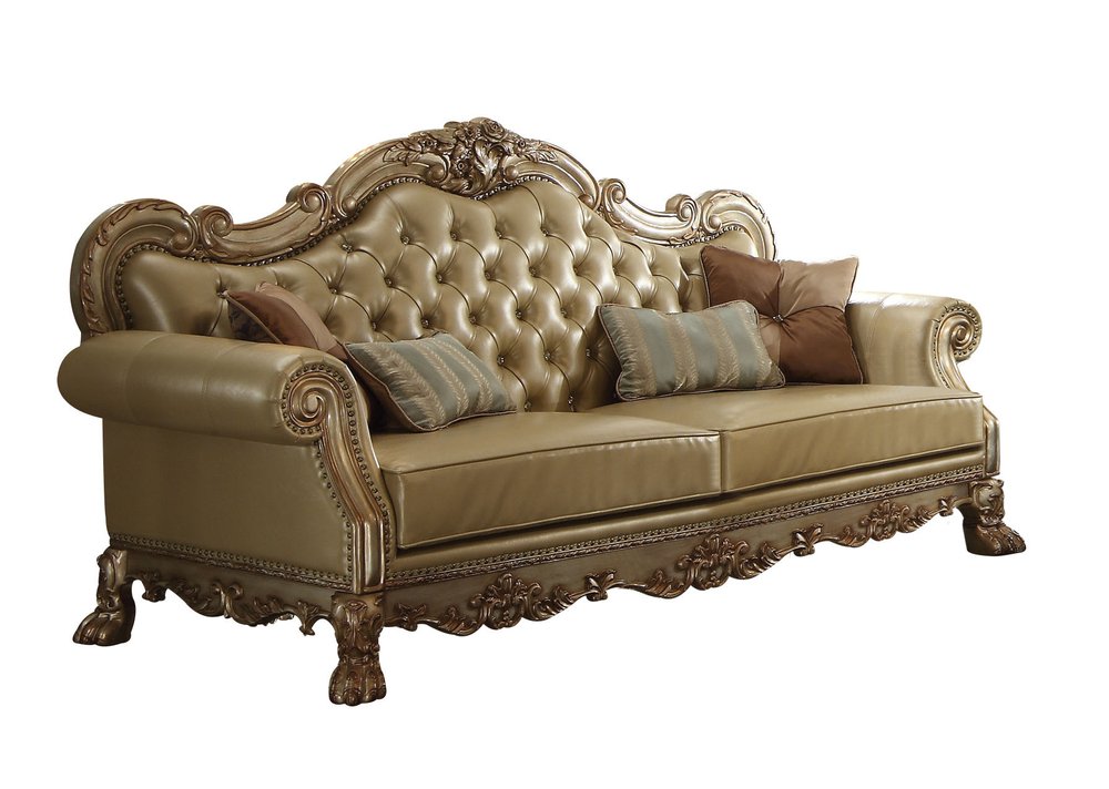 Bone Faux Leather Wood Sofa with Toss Pillows - 85-inch