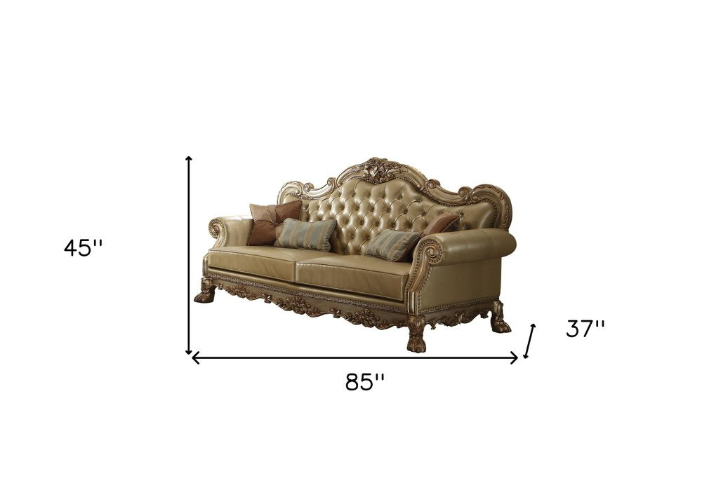 Bone Faux Leather Wood Sofa with Toss Pillows - 85-inch