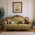 Bone Faux Leather Wood Sofa with Toss Pillows - 85-inch