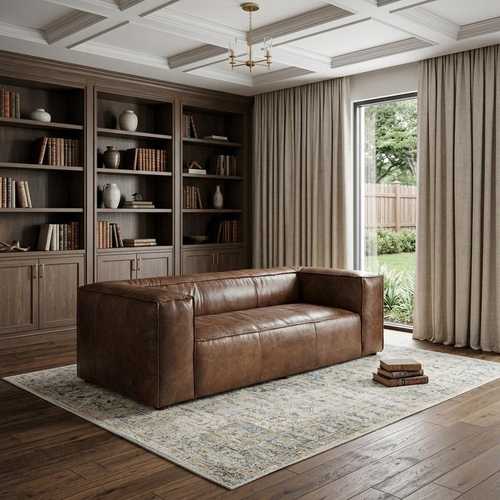 Brown Top Grain Leather Sofa with Black Legs - 98-inch