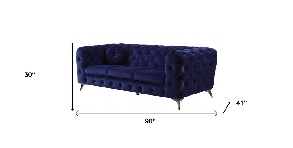 Blue Velvet Chesterfield Sofa with Silver Legs - 90-inch