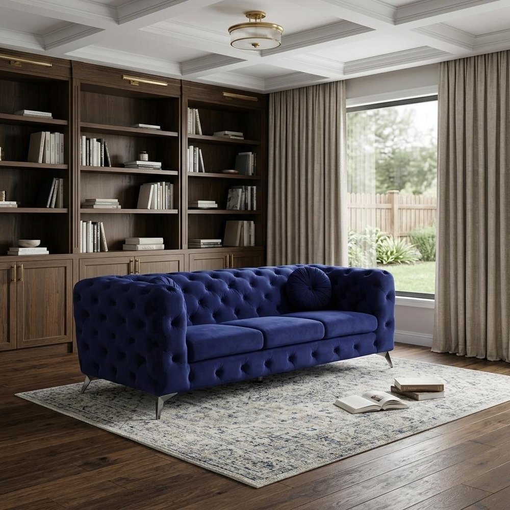 Blue Velvet Chesterfield Sofa with Silver Legs - 90-inch