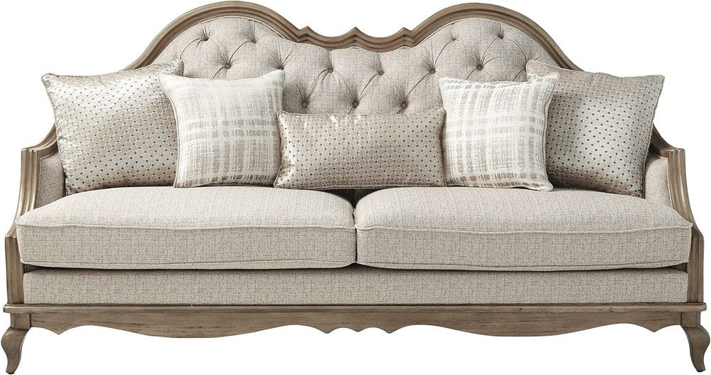 Brown and Beige Upholstered Solid Wood Sofa with Toss Pillows