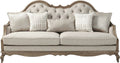 Brown and Beige Upholstered Solid Wood Sofa with Toss Pillows