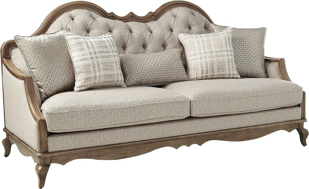 Brown and Beige Upholstered Solid Wood Sofa with Toss Pillows