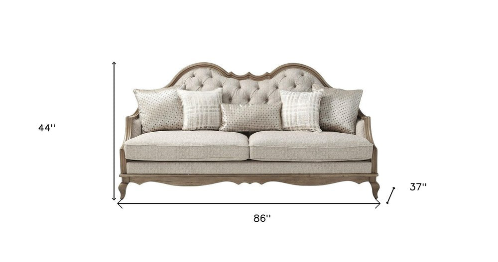 Brown and Beige Upholstered Solid Wood Sofa with Toss Pillows