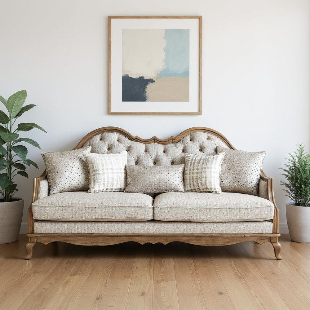 Brown and Beige Upholstered Solid Wood Sofa with Toss Pillows
