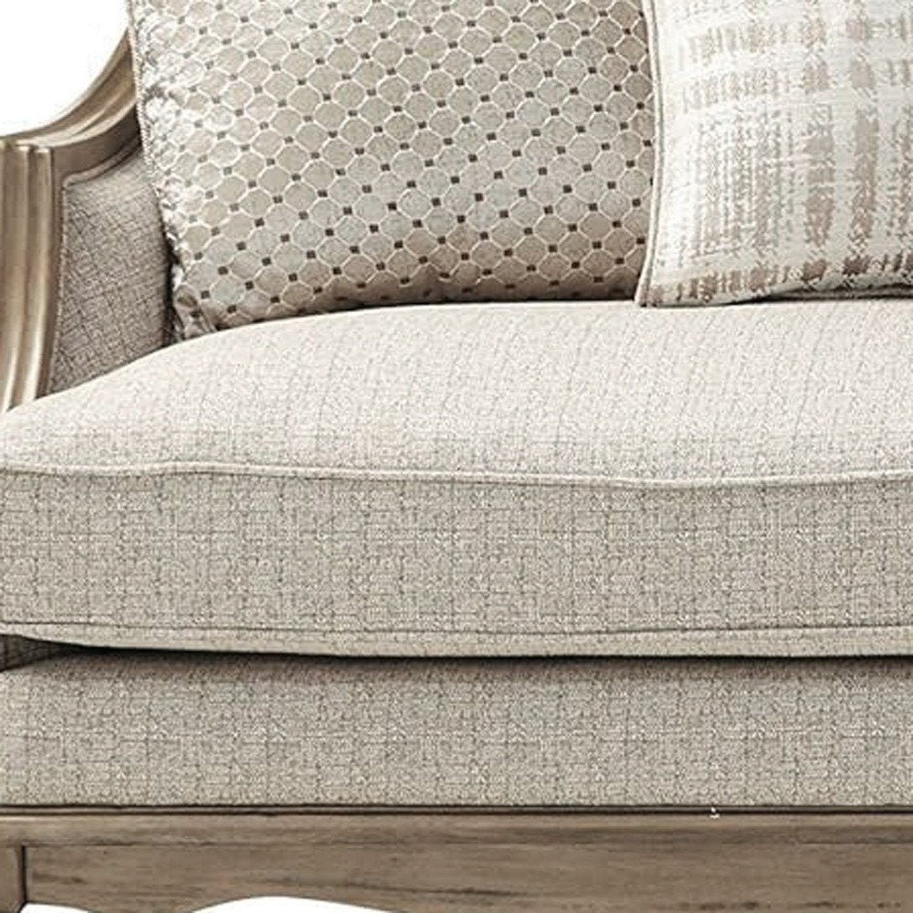 Brown and Beige Upholstered Solid Wood Sofa with Toss Pillows