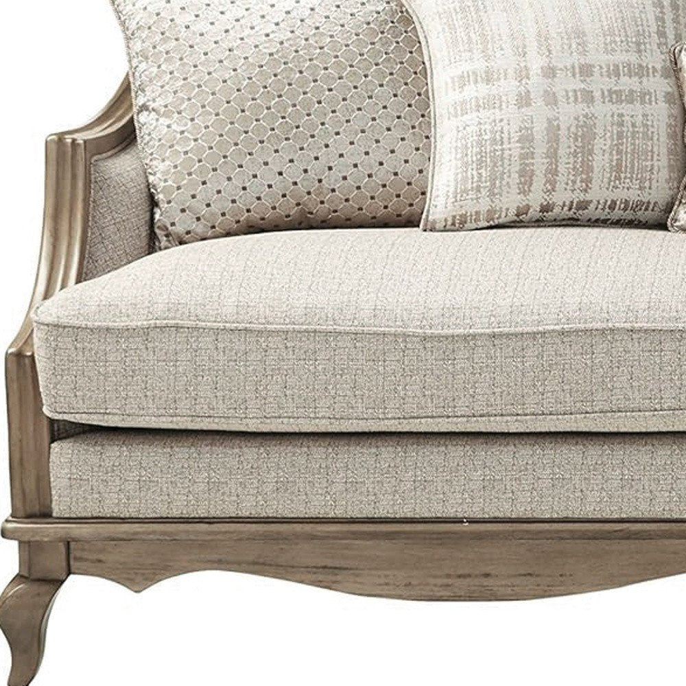 Brown and Beige Upholstered Solid Wood Sofa with Toss Pillows