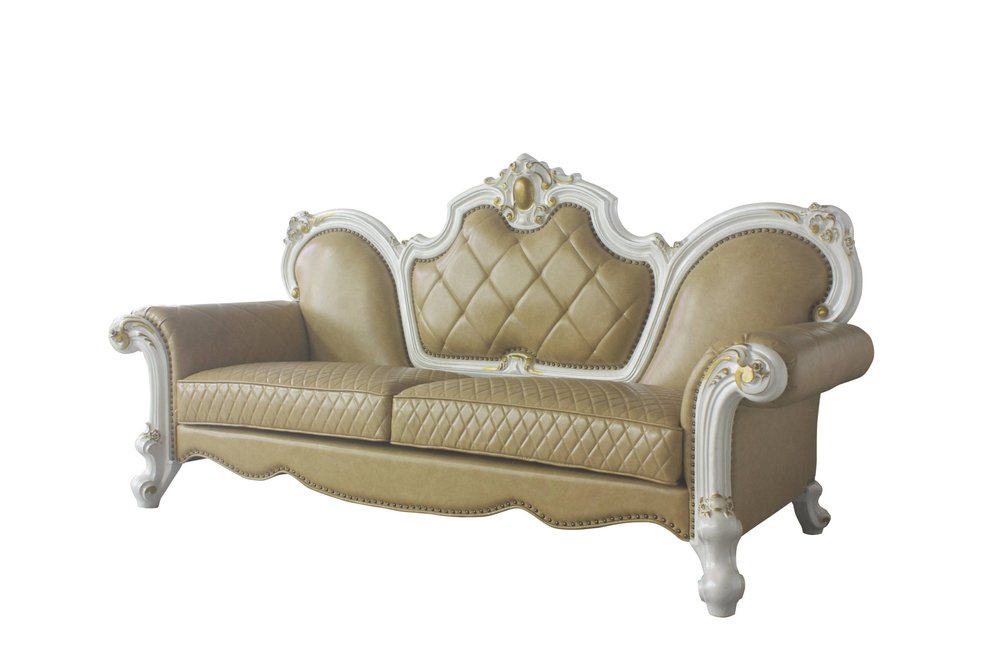 Golden Brown Faux Leather Sofa and Toss Pillows with Pearl Legs