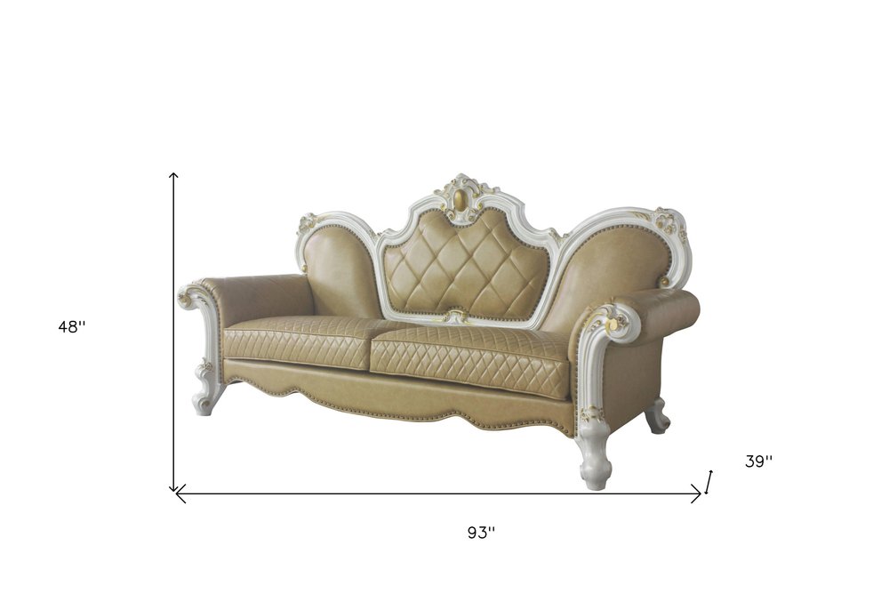Golden Brown Faux Leather Sofa and Toss Pillows with Pearl Legs