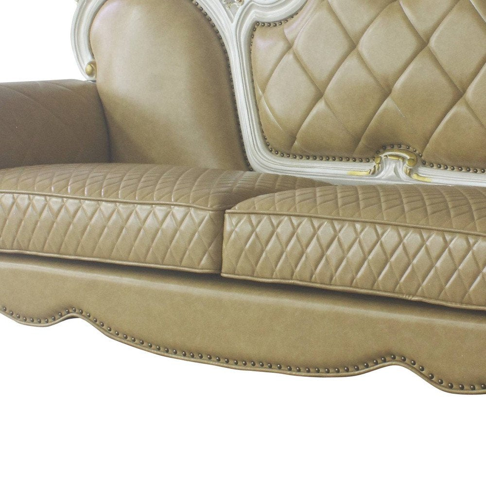 Golden Brown Faux Leather Sofa and Toss Pillows with Pearl Legs