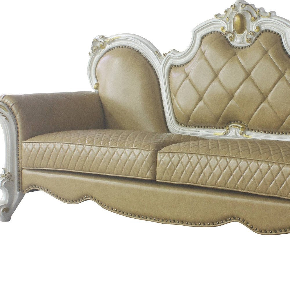 Golden Brown Faux Leather Sofa and Toss Pillows with Pearl Legs