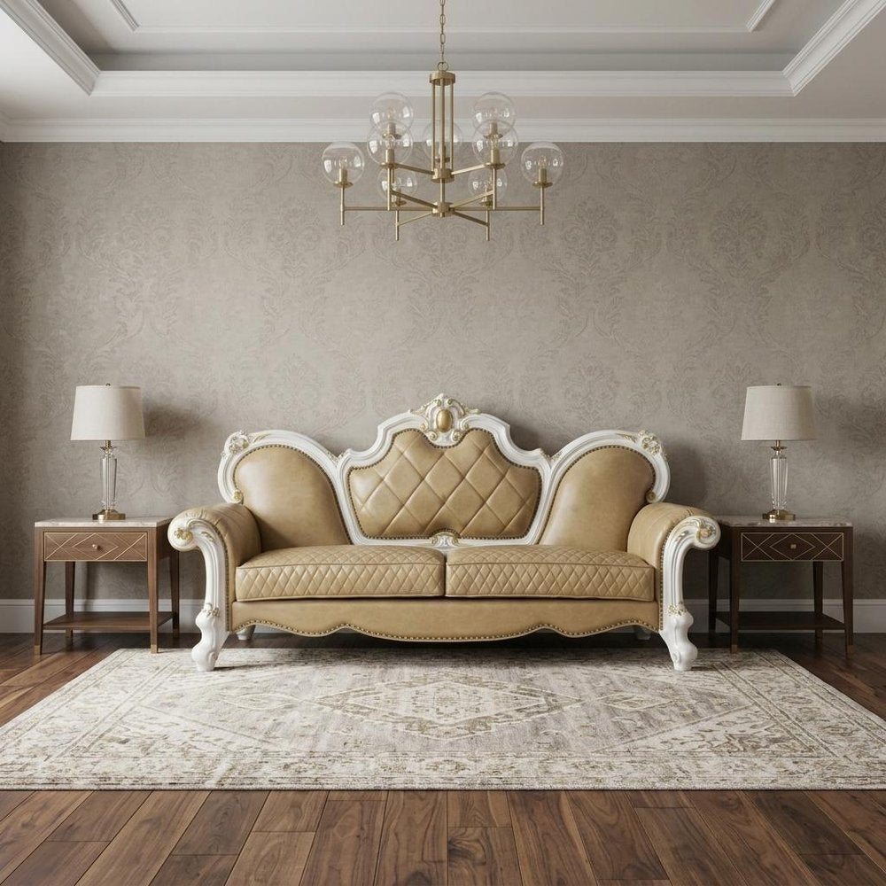 Golden Brown Faux Leather Sofa and Toss Pillows with Pearl Legs