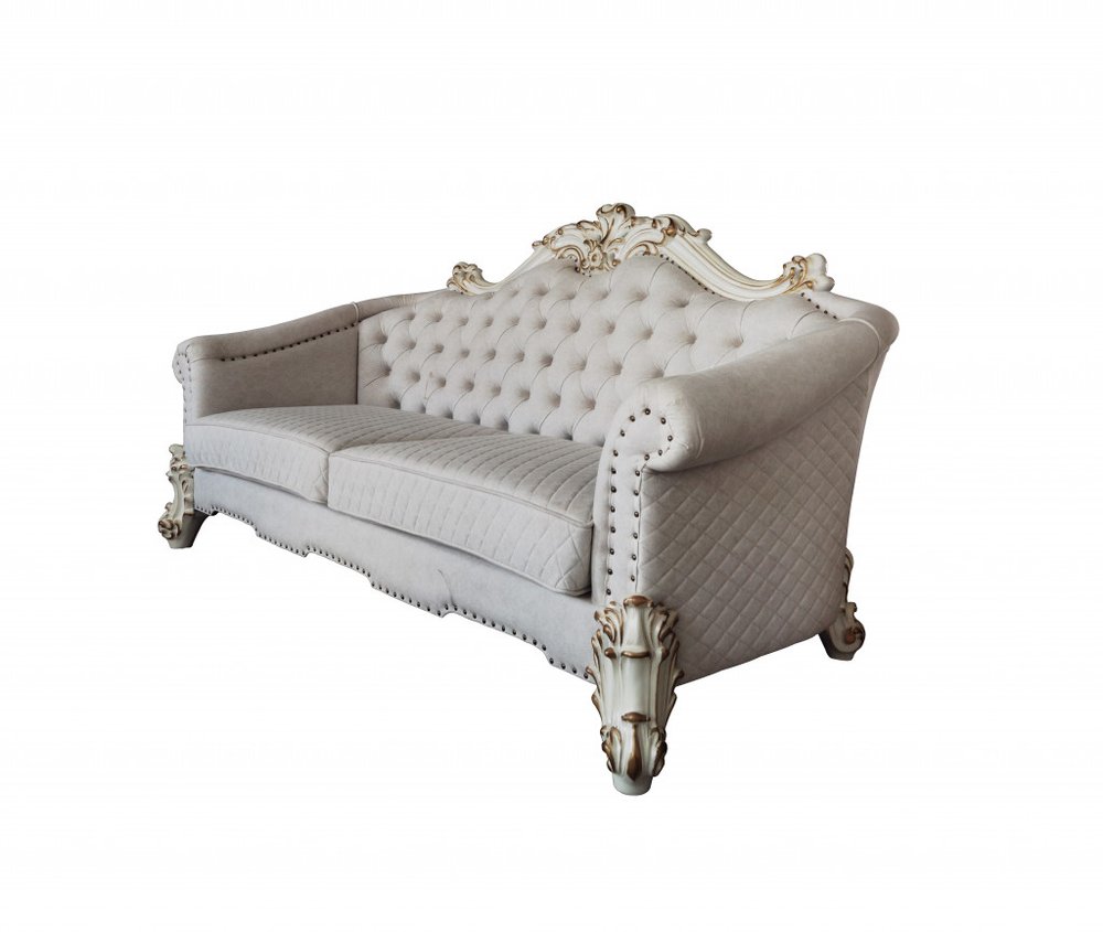 Ivory Velvet Sofa and Toss Pillows with Pearl Legs - 89-inch