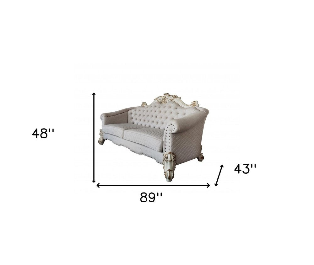 Ivory Velvet Sofa and Toss Pillows with Pearl Legs - 89-inch