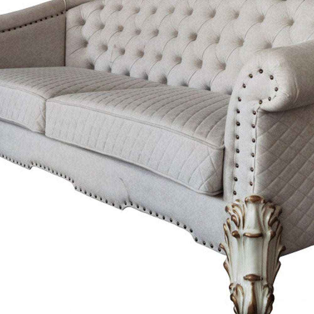 Ivory Velvet Sofa and Toss Pillows with Pearl Legs - 89-inch