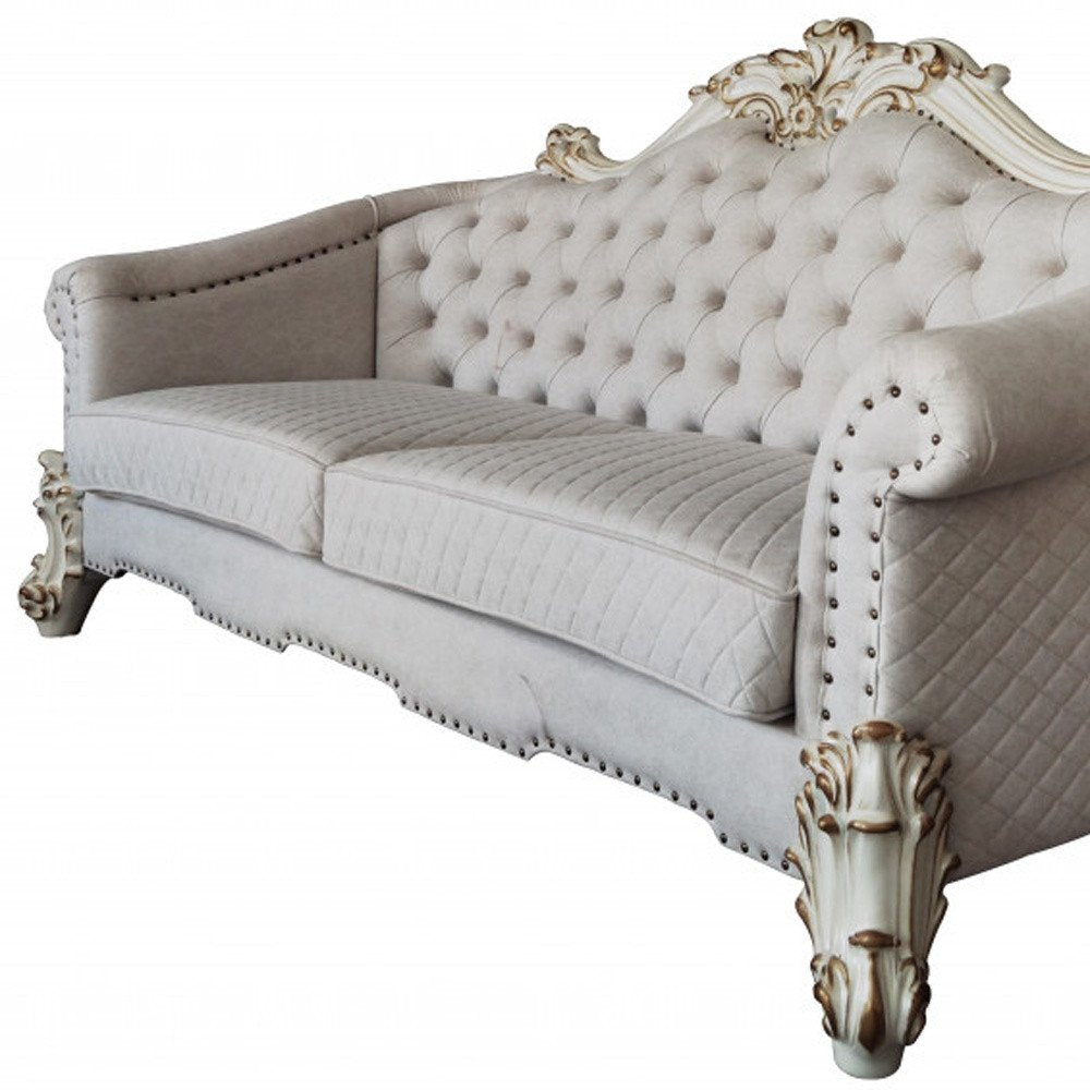 Ivory Velvet Sofa and Toss Pillows with Pearl Legs - 89-inch