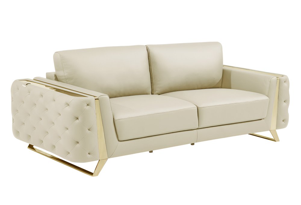 Beige Italian Leather Sofa with Gold Legs - 90-inch