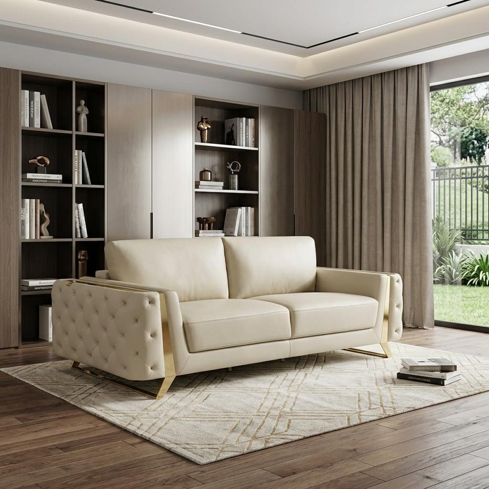 Beige Italian Leather Sofa with Gold Legs - 90-inch