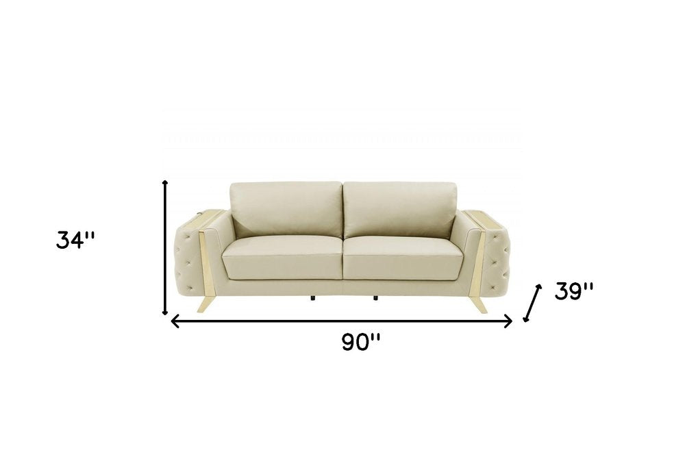 Beige Italian Leather Sofa with Gold Legs - 90-inch
