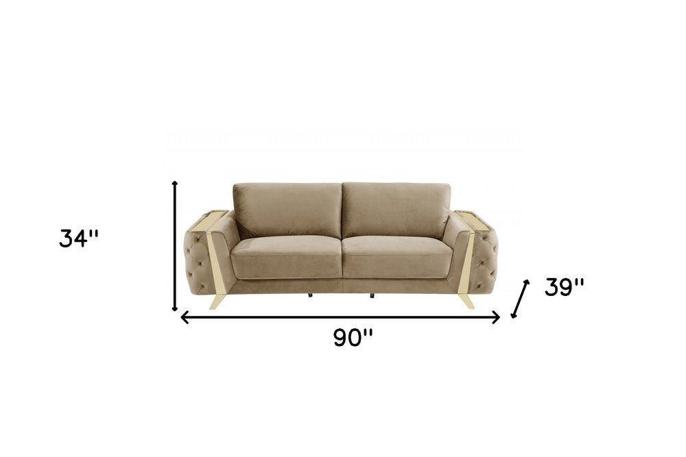 Beige Velvet Sofa with Gold Legs - 90-inch