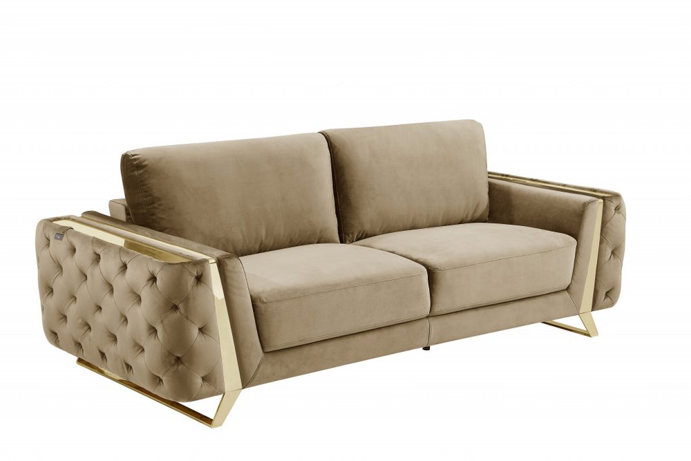 Beige Velvet Sofa with Gold Legs - 90-inch