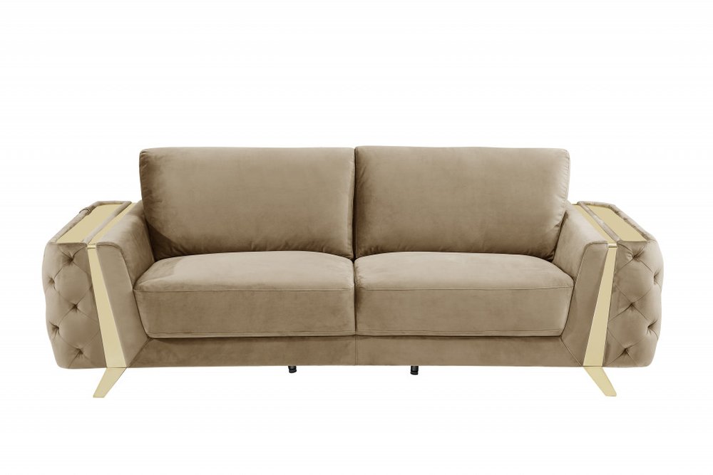 Beige Velvet Sofa with Gold Legs - 90-inch