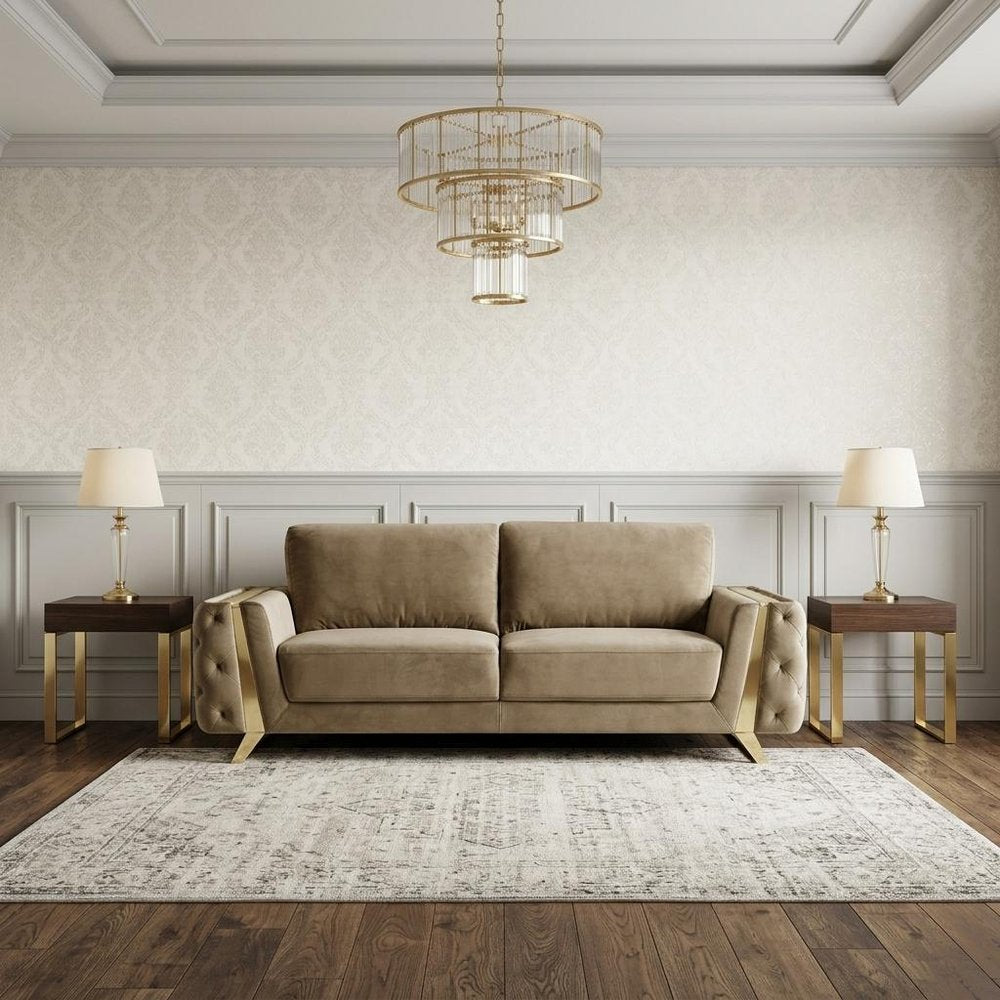 Beige Velvet Sofa with Gold Legs - 90-inch