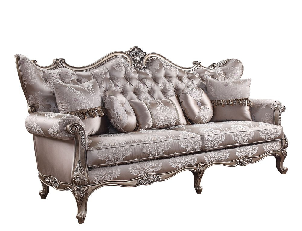 Dark Gray Imitation Silk Damask Sofa and Toss Pillows with Champagne Legs