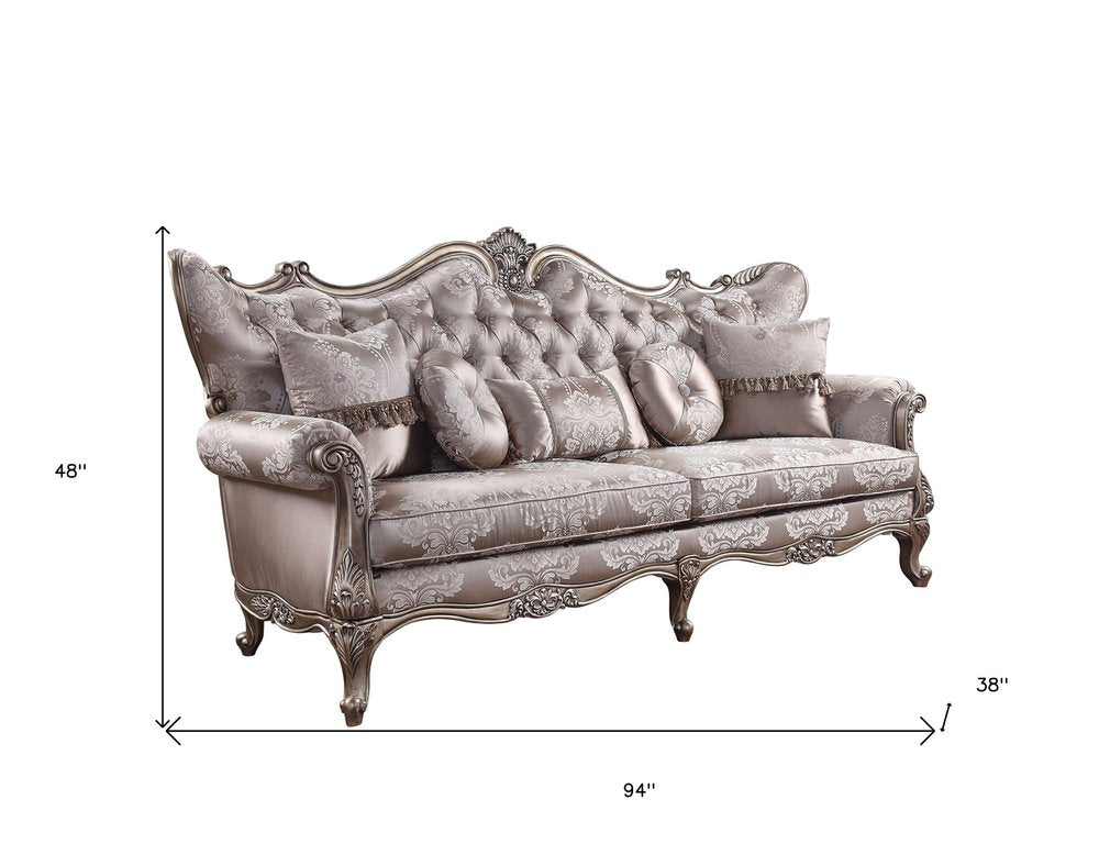 Dark Gray Imitation Silk Damask Sofa and Toss Pillows with Champagne Legs