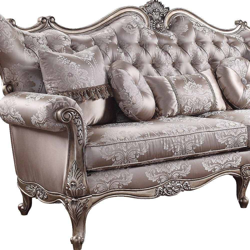 Dark Gray Imitation Silk Damask Sofa and Toss Pillows with Champagne Legs