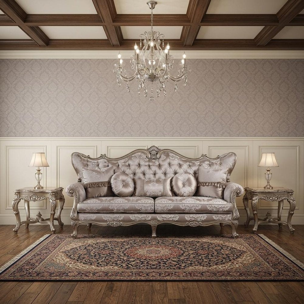 Dark Gray Imitation Silk Damask Sofa and Toss Pillows with Champagne Legs