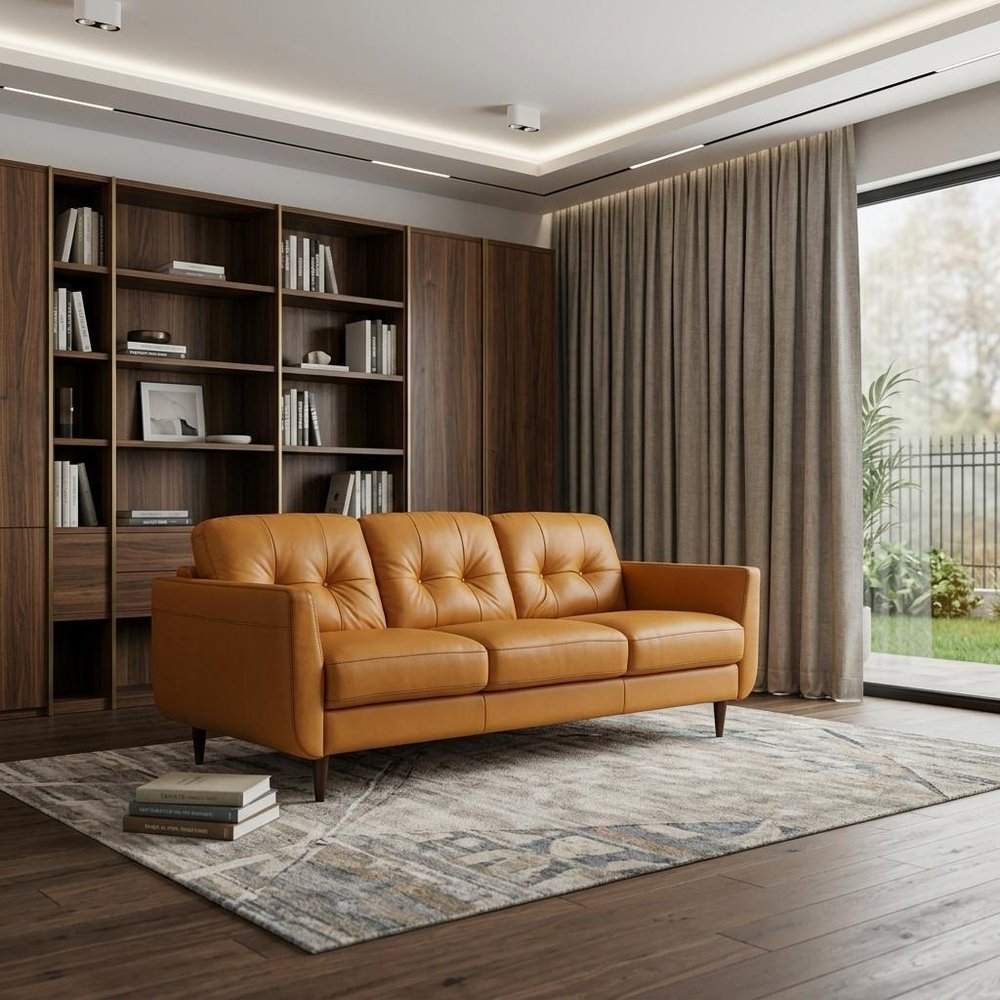 Orange Leather Sofa with Black Legs - 83-inch