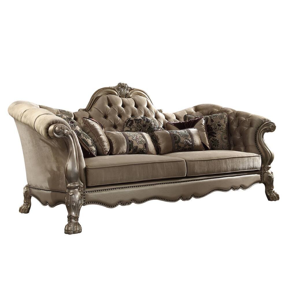 Bone Velvet Sofa and Toss Pillows with Gold Legs - 96-inch