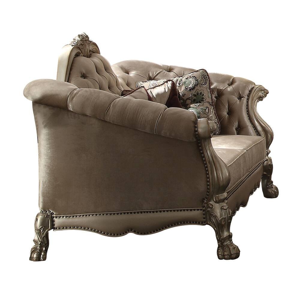 Bone Velvet Sofa and Toss Pillows with Gold Legs - 96-inch