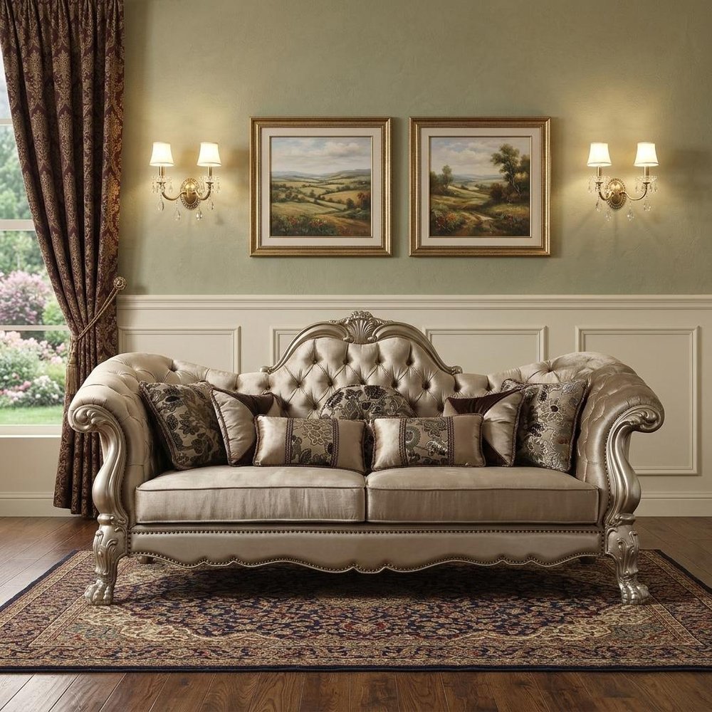 Bone Velvet Sofa and Toss Pillows with Gold Legs - 96-inch