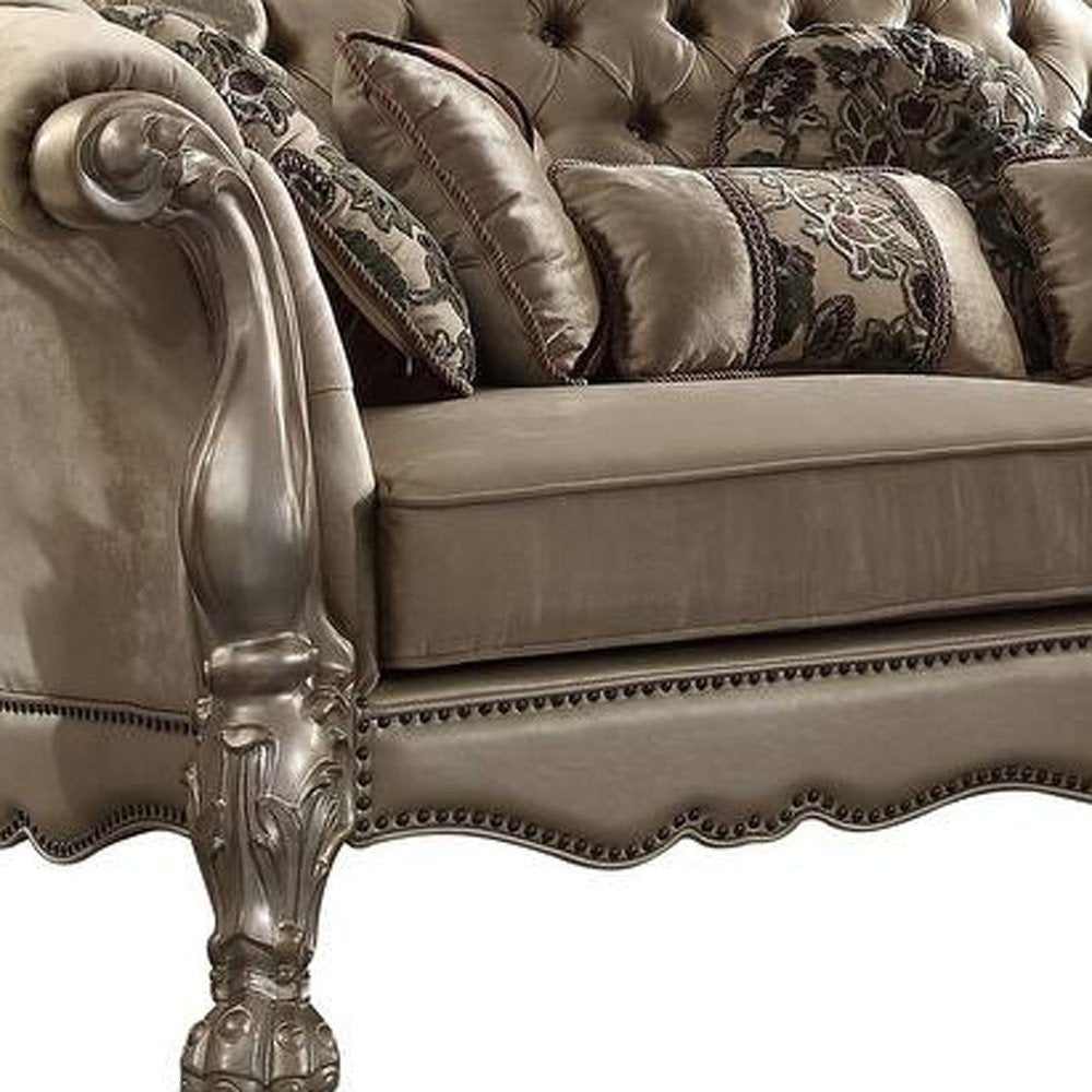 Bone Velvet Sofa and Toss Pillows with Gold Legs - 96-inch