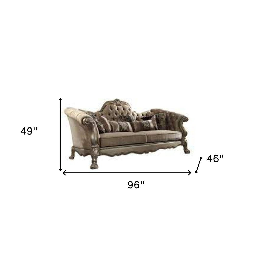 Bone Velvet Sofa and Toss Pillows with Gold Legs - 96-inch