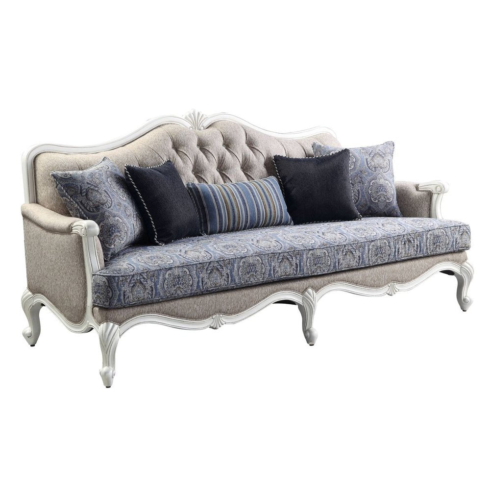 Cream Linen Damask Sofa and Toss Pillows with White Legs - 88-inch